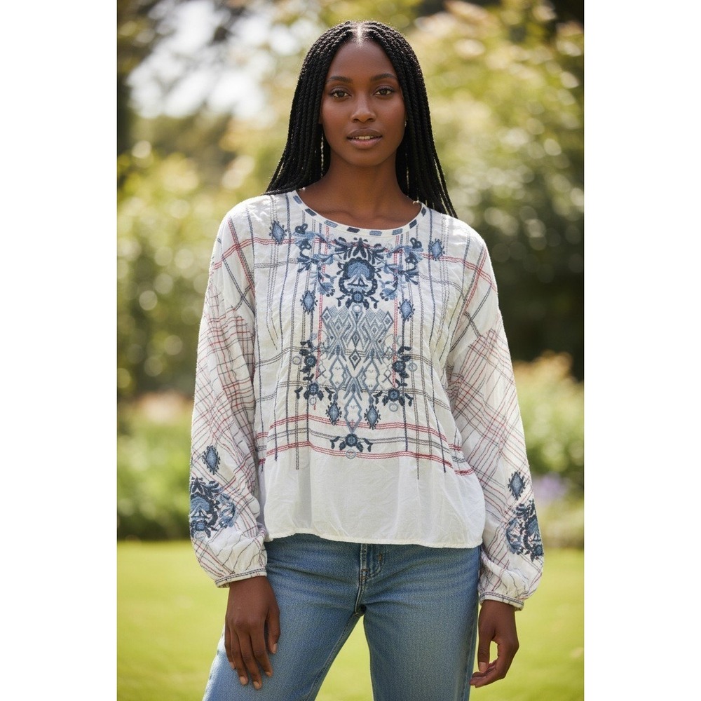 Johnny Was BIYA Embroidered Boho Peasant Top Blouse Sz XS Oversized Semi Sheer